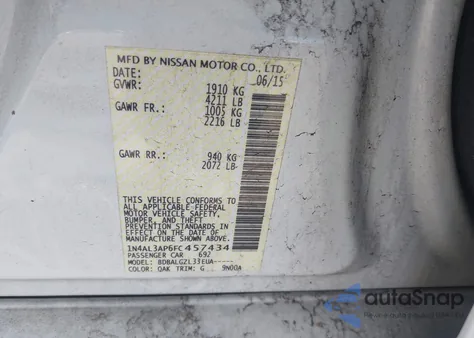 2015 Nissan Altima 2.5/2.5 S/2.5 Sl/2.5 Sv из США, поврежденный, VIN 1N4AL3AP6FC457434